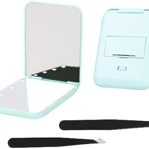 GVSAVY Lighted Makeup Mirror, 1x/3x Magnifying Makeup Mirror, With 2 Tweezers, Handheld Double-sided Folding Makeup Mirror, Travel Portable Makeup Mirror(Light Green)