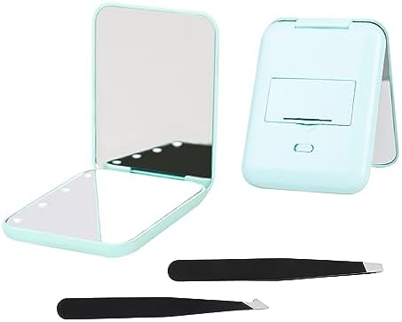 GVSAVY Lighted Makeup Mirror, 1x/3x Magnifying Makeup Mirror, With 2 Tweezers, Handheld Double-sided Folding Makeup Mirror, Travel Portable Makeup Mirror(Light Green)
