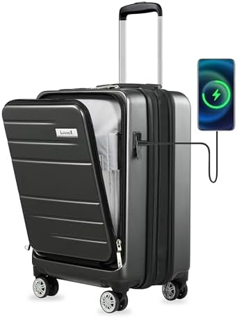 Luggex Carry On Luggage Airline Approved, Polycarbonate Hard Suitcase with Front Pocket (Black, 55cm)