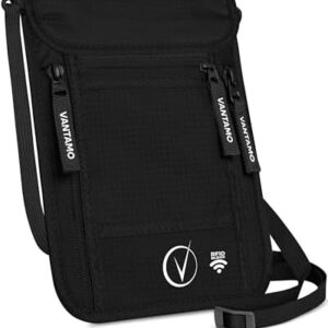 Vantamo Premium Neck Wallet for Traveling, RFID Protected Passport Bag Fits Documents, Cash and Phone, Lightweight & Consealed Travel Wallet and Document Holder for Men & Women with Adjustable Strap