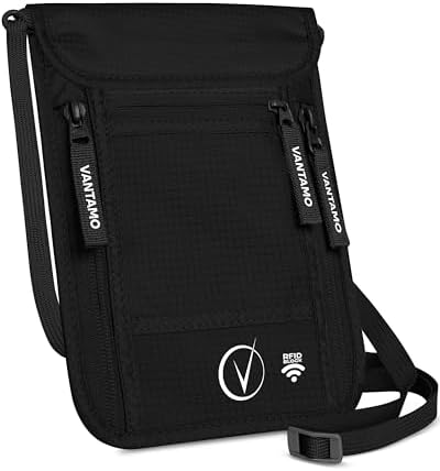 Vantamo Premium Neck Wallet for Traveling, RFID Protected Passport Bag Fits Documents, Cash and Phone, Lightweight & Consealed Travel Wallet and Document Holder for Men & Women with Adjustable Strap