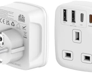 Double Dragon 20W Fast Charging 5-in-1 UK to EU Travel Adapter | 2 USB-A & 2 USB-C Ports | Converts UK 3 PIN Plug to European 2 PIN Plug in Spain, France, Portugal, Germany, Greece, Italy, Sweden, etc