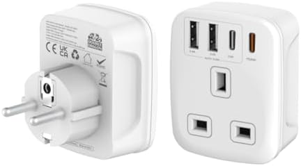 Double Dragon 20W Fast Charging 5-in-1 UK to EU Travel Adapter | 2 USB-A & 2 USB-C Ports | Converts UK 3 PIN Plug to European 2 PIN Plug in Spain, France, Portugal, Germany, Greece, Italy, Sweden, etc