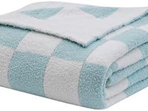 bearberry Fuzzy Checkerboard Grid Throw Blanket Soft Cozy Warm Microfiber Bed Blanket Decor for Couch Sofa Bed Travel Home (Baby Blue, 60''x80'')
