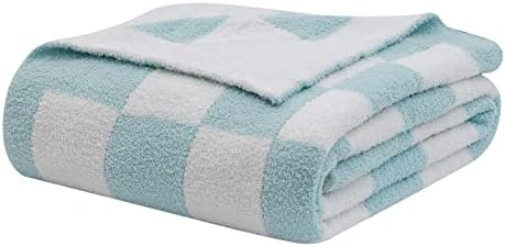 bearberry Fuzzy Checkerboard Grid Throw Blanket Soft Cozy Warm Microfiber Bed Blanket Decor for Couch Sofa Bed Travel Home (Baby Blue, 60''x80'')