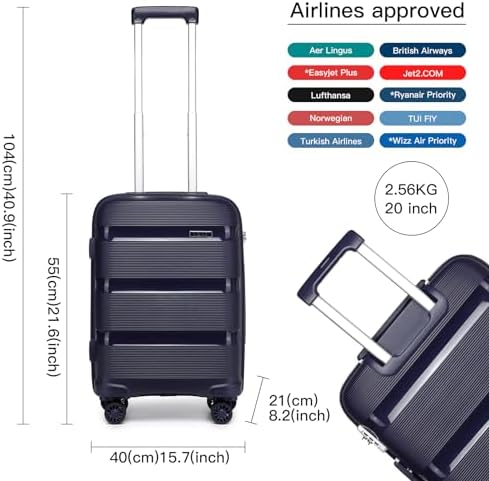 Kono 55x40x21cm Cabin Hand Luggage Hard Shell Travel Trolley 4 Spinner Wheels Lightweight Polypropylene Carry On Suitcase with TSA Lock 40L (Navy) - Image 2