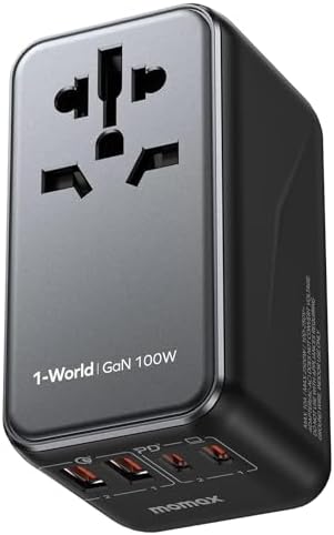 MOMAX Universal Travel Adapter,100W Fast GaN International Power Adapter, 2PD USB-C+2QC USB-A Travel Plug Adapter, US/UK/EU/AU Universal Charger for Laptops, Tablets, Phones Vision Pro 1-World