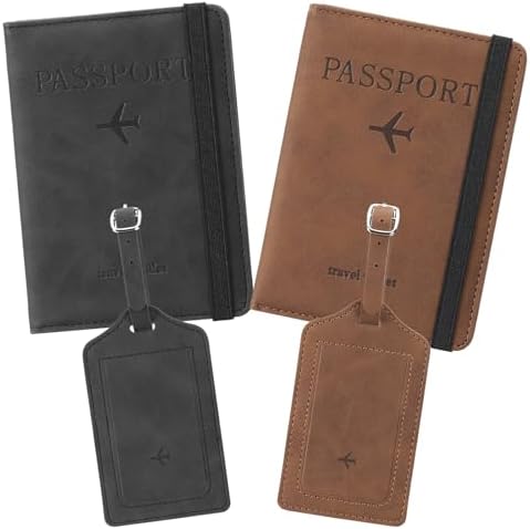 RNIEGA 2 Set Passport Covers Holder for Travel Leather Rfid Passport Wallets Holder for Mr and Mrs, Brown+Black