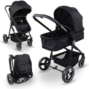 Mobiclinic® Kids, Stroller + Carry Cot, 2 in 1, Nuit, Ultra-Compact, 5-Point Harness, Up to 22kg, Single-Lever, Pull-Out bar, Adjustable backrest, Hood, Basket, Footbrake, Reversible (Black)