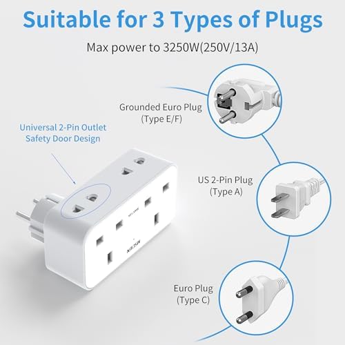 UK to European Plug Adapter with 3 USB, 2 Way Plug Extension with Dual 2 Pin Socket at The Bottom, Travel Adapter Plugs UK to Europe EU, Type E/F Plug Adaptor for Germany France Spain Turkey Greece - Image 5