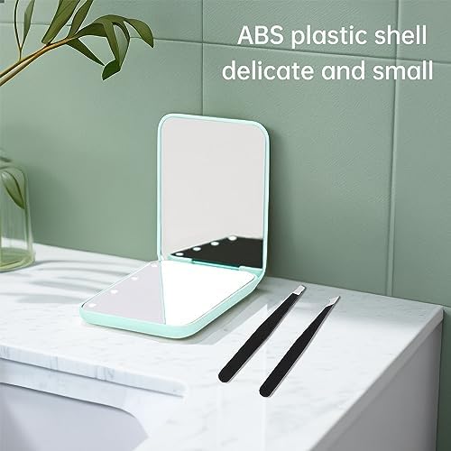 GVSAVY Lighted Makeup Mirror, 1x/3x Magnifying Makeup Mirror, With 2 Tweezers, Handheld Double-sided Folding Makeup Mirror, Travel Portable Makeup Mirror(Light Green) - Image 5