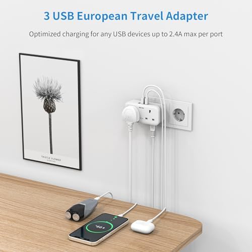 UK to European Plug Adapter with 3 USB, 2 Way Plug Extension with Dual 2 Pin Socket at The Bottom, Travel Adapter Plugs UK to Europe EU, Type E/F Plug Adaptor for Germany France Spain Turkey Greece - Image 4