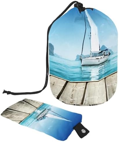 Drawstring Makeup Bag, Barrel Shaped Travel Cosmetic Bag Make up Bags, Foldable Toiletry Organizer Storage Pocket for Women&Girls - Yacht and Wooden Platform