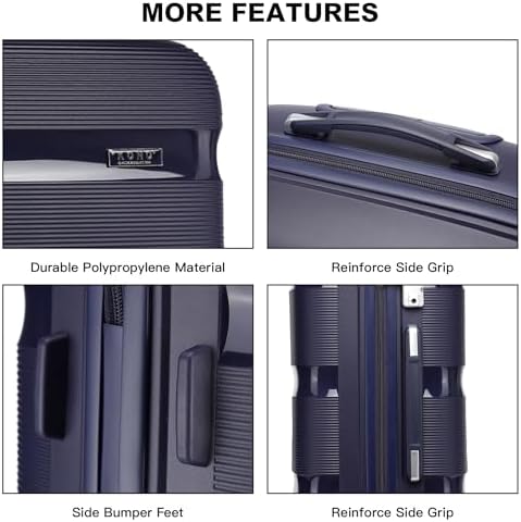 Kono 55x40x21cm Cabin Hand Luggage Hard Shell Travel Trolley 4 Spinner Wheels Lightweight Polypropylene Carry On Suitcase with TSA Lock 40L (Navy) - Image 7