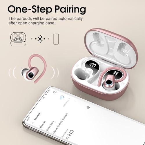 Wireless Earbuds, 2025 Bluetooth 5.4 Headphones Sport with 4 ENC Noise Canceling Mic, 50H Stereo Wireless Earphones with Earhooks, LED USB-C, IP7 Waterproof Bluetooth Earbuds for Gym Running, Rose - Image 5