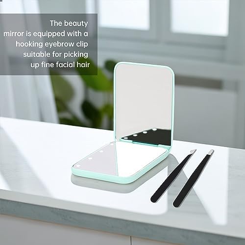 GVSAVY Lighted Makeup Mirror, 1x/3x Magnifying Makeup Mirror, With 2 Tweezers, Handheld Double-sided Folding Makeup Mirror, Travel Portable Makeup Mirror(Light Green) - Image 6