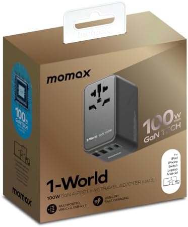 MOMAX Universal Travel Adapter,100W Fast GaN International Power Adapter, 2PD USB-C+2QC USB-A Travel Plug Adapter, US/UK/EU/AU Universal Charger for Laptops, Tablets, Phones Vision Pro 1-World - Image 13