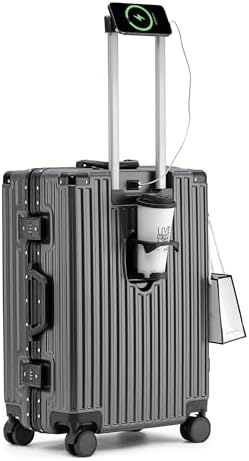 lesulety Hard Shell Suitcase Cabin Size Cheap Cabin Luggage Suitcase Medium 4 Wheels Lightweight with USB Charger Cup Holder zipperless Luggage,Grey,20in