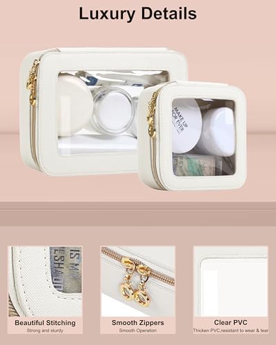 JRQCSJY Leather Clear Makeup Bags Set - Clear Quart Size TSA Approved Toiletry Bags for Toiletries Large Opening Transparent Cosmetic Case with Zipper for Travel Essential, White, Mini+Medium, Fashion - Image 3