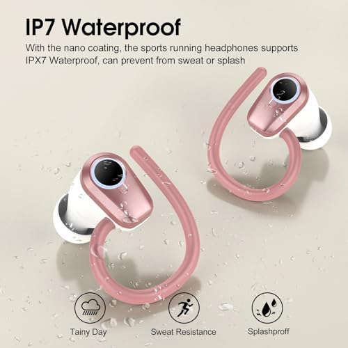 Wireless Earbuds, 2025 Bluetooth 5.4 Headphones Sport with 4 ENC Noise Canceling Mic, 50H Stereo Wireless Earphones with Earhooks, LED USB-C, IP7 Waterproof Bluetooth Earbuds for Gym Running, Rose - Image 6