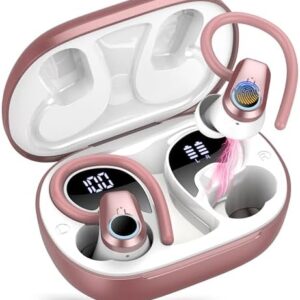 Wireless Earbuds, 2025 Bluetooth 5.4 Headphones Sport with 4 ENC Noise Canceling Mic, 50H Stereo Wireless Earphones with Earhooks, LED USB-C, IP7 Waterproof Bluetooth Earbuds for Gym Running, Rose
