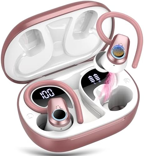 Wireless Earbuds, 2025 Bluetooth 5.4 Headphones Sport with 4 ENC Noise Canceling Mic, 50H Stereo Wireless Earphones with Earhooks, LED USB-C, IP7 Waterproof Bluetooth Earbuds for Gym Running, Rose
