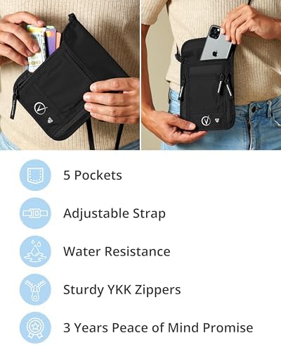Vantamo Premium Neck Wallet for Traveling, RFID Protected Passport Bag Fits Documents, Cash and Phone, Lightweight & Consealed Travel Wallet and Document Holder for Men & Women with Adjustable Strap - Image 5