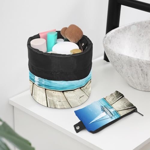 Drawstring Makeup Bag, Barrel Shaped Travel Cosmetic Bag Make up Bags, Foldable Toiletry Organizer Storage Pocket for Women&Girls - Yacht and Wooden Platform - Image 6