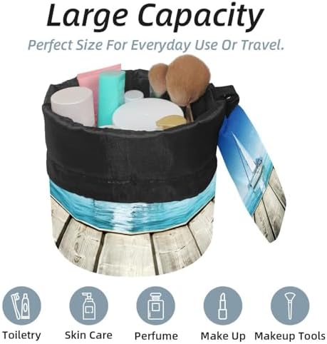Drawstring Makeup Bag, Barrel Shaped Travel Cosmetic Bag Make up Bags, Foldable Toiletry Organizer Storage Pocket for Women&Girls - Yacht and Wooden Platform - Image 2