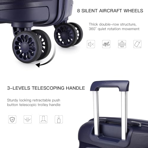 Kono 55x40x21cm Cabin Hand Luggage Hard Shell Travel Trolley 4 Spinner Wheels Lightweight Polypropylene Carry On Suitcase with TSA Lock 40L (Navy) - Image 4