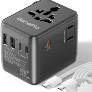 Universal Travel Adapter Plug with 5 USB Ports, Travel Plug with 3 Type-C and 2 USB-A, 70W PD Fast Charging International Power Adapter, All-in-One Worldwide Travel Plug for UK US EU AUS Asia