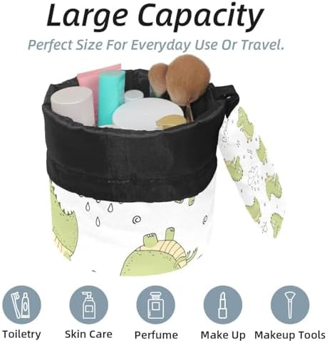 Drawstring Makeup Bag, Barrel Shaped Travel Cosmetic Bag Make up Bags, Foldable Toiletry Organizer Storage Pocket for Women&Girls - Funnt Dinosaurs Baby - Image 2
