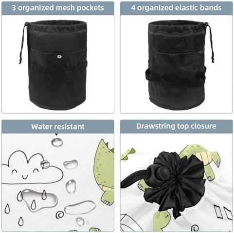 Drawstring Makeup Bag, Barrel Shaped Travel Cosmetic Bag Make up Bags, Foldable Toiletry Organizer Storage Pocket for Women&Girls - Funnt Dinosaurs Baby - Image 3