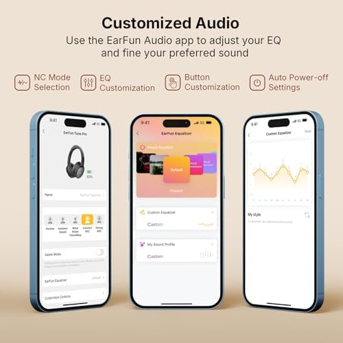 EarFun Tune Pro Active Noise Canceling Headphones, Over Ear Wireless Bluetooth Headphones with 5 Mics, 120H Playtime, Bluetooth 5.4, Hi-Res Audio, Multipoint Connection, Custom EQ, Comfortable Fit - Image 8