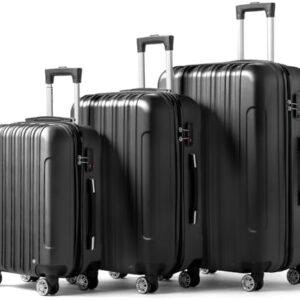 Karlhome Set of 3 Suitcase Set, Luggage Sets with 4 Rolling Spinner Wheels Combination Lock, Lightweight Hardside Carry On or Check in Trolley Travel Case, Black ABS Hard Shell