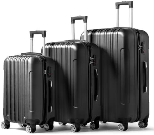 Karlhome Set of 3 Suitcase Set, Luggage Sets with 4 Rolling Spinner Wheels Combination Lock, Lightweight Hardside Carry On or Check in Trolley Travel Case, Black ABS Hard Shell