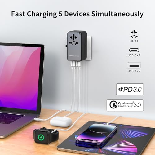 MOMAX Universal Travel Adapter,100W Fast GaN International Power Adapter, 2PD USB-C+2QC USB-A Travel Plug Adapter, US/UK/EU/AU Universal Charger for Laptops, Tablets, Phones Vision Pro 1-World - Image 2