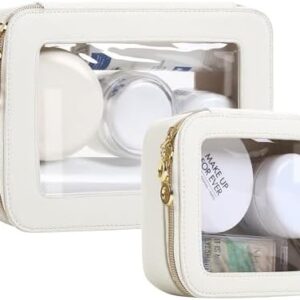 JRQCSJY Leather Clear Makeup Bags Set - Clear Quart Size TSA Approved Toiletry Bags for Toiletries Large Opening Transparent Cosmetic Case with Zipper for Travel Essential, White, Mini+Medium, Fashion