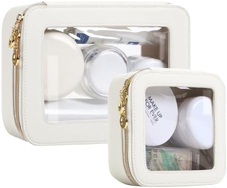 JRQCSJY Leather Clear Makeup Bags Set - Clear Quart Size TSA Approved Toiletry Bags for Toiletries Large Opening Transparent Cosmetic Case with Zipper for Travel Essential, White, Mini+Medium, Fashion