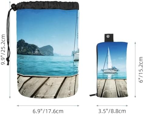 Drawstring Makeup Bag, Barrel Shaped Travel Cosmetic Bag Make up Bags, Foldable Toiletry Organizer Storage Pocket for Women&Girls - Yacht and Wooden Platform - Image 5