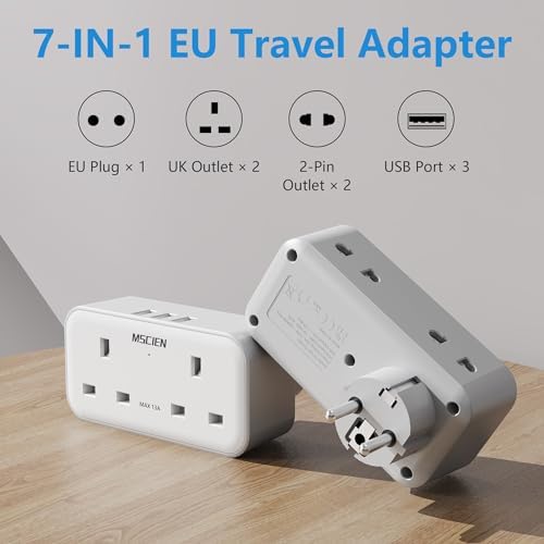 UK to European Plug Adapter with 3 USB, 2 Way Plug Extension with Dual 2 Pin Socket at The Bottom, Travel Adapter Plugs UK to Europe EU, Type E/F Plug Adaptor for Germany France Spain Turkey Greece - Image 2