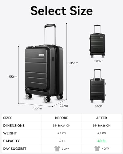 Luggex Carry On Luggage Airline Approved, Polycarbonate Hard Suitcase with Front Pocket (Black, 55cm) - Image 7