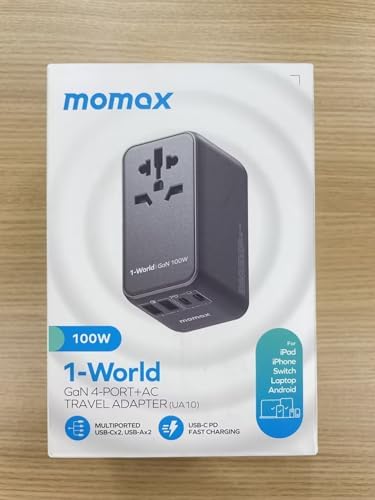 MOMAX Universal Travel Adapter,100W Fast GaN International Power Adapter, 2PD USB-C+2QC USB-A Travel Plug Adapter, US/UK/EU/AU Universal Charger for Laptops, Tablets, Phones Vision Pro 1-World - Image 9
