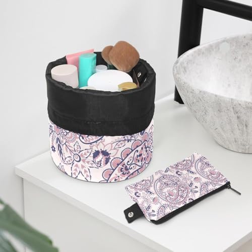 Drawstring Makeup Bag, Barrel Shaped Travel Cosmetic Bag Make up Bags, Foldable Toiletry Organizer Storage Pocket for Women&Girls - Bohemian Florals Leaves - Image 6