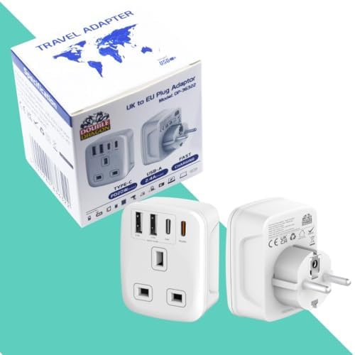 Double Dragon 20W Fast Charging 5-in-1 UK to EU Travel Adapter | 2 USB-A & 2 USB-C Ports | Converts UK 3 PIN Plug to European 2 PIN Plug in Spain, France, Portugal, Germany, Greece, Italy, Sweden, etc - Image 2