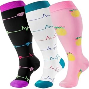 Compression Socks for Women and Men, Wide Calf Compression Socks Knee High Stockings for Flight Travel Running Sport, 3 Pairs
