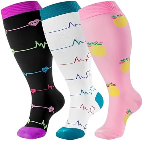 Compression Socks for Women and Men, Wide Calf Compression Socks Knee High Stockings for Flight Travel Running Sport, 3 Pairs