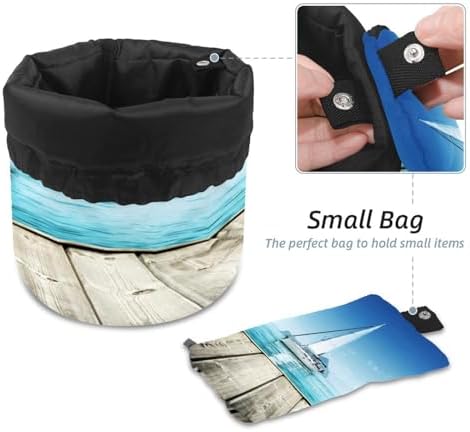 Drawstring Makeup Bag, Barrel Shaped Travel Cosmetic Bag Make up Bags, Foldable Toiletry Organizer Storage Pocket for Women&Girls - Yacht and Wooden Platform - Image 4