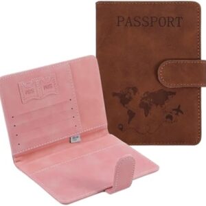 Passport Holder, Waterproof RFID Blocking Passport Holders, PassportS Wallet Cover Case Travel Must Haves Accessories PassportS Book Holders for Women and Men (Pink, Brown)