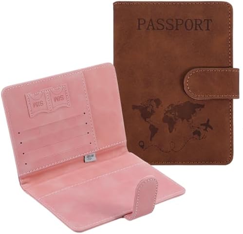 Passport Holder, Waterproof RFID Blocking Passport Holders, PassportS Wallet Cover Case Travel Must Haves Accessories PassportS Book Holders for Women and Men (Pink, Brown)